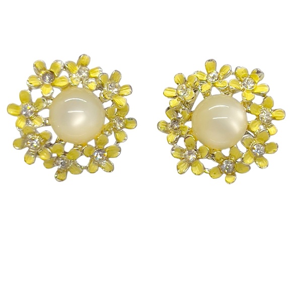 Vintage Signed Karu Arke Enamel, Rhinestone & Lucite Cabochon Skewback Earrings - Picture 2 of 5